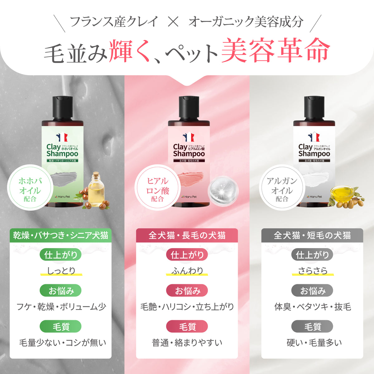 HaruPet ハルペット クレイシャンプー トリマー監修 フランス産クレイ配合 犬猫兼用 天然成分 低刺激 弱酸性 ペット用 長毛/短毛対応 保湿・消臭 皮膚ケア 50g / 300ml /4L